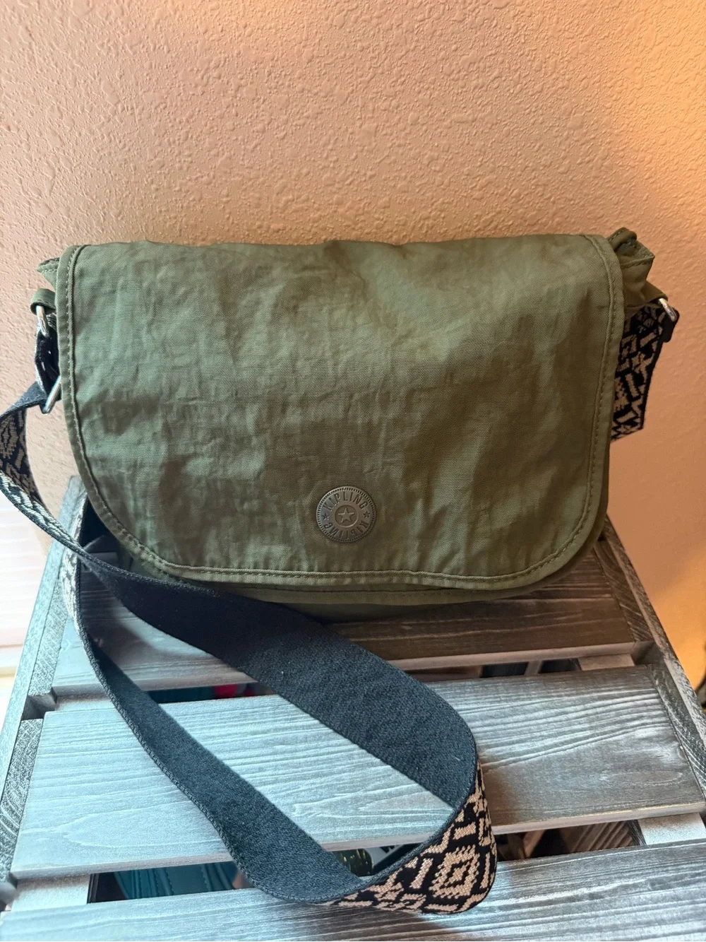 Kipling Olive Green Messenger Bag with Patterned Strap